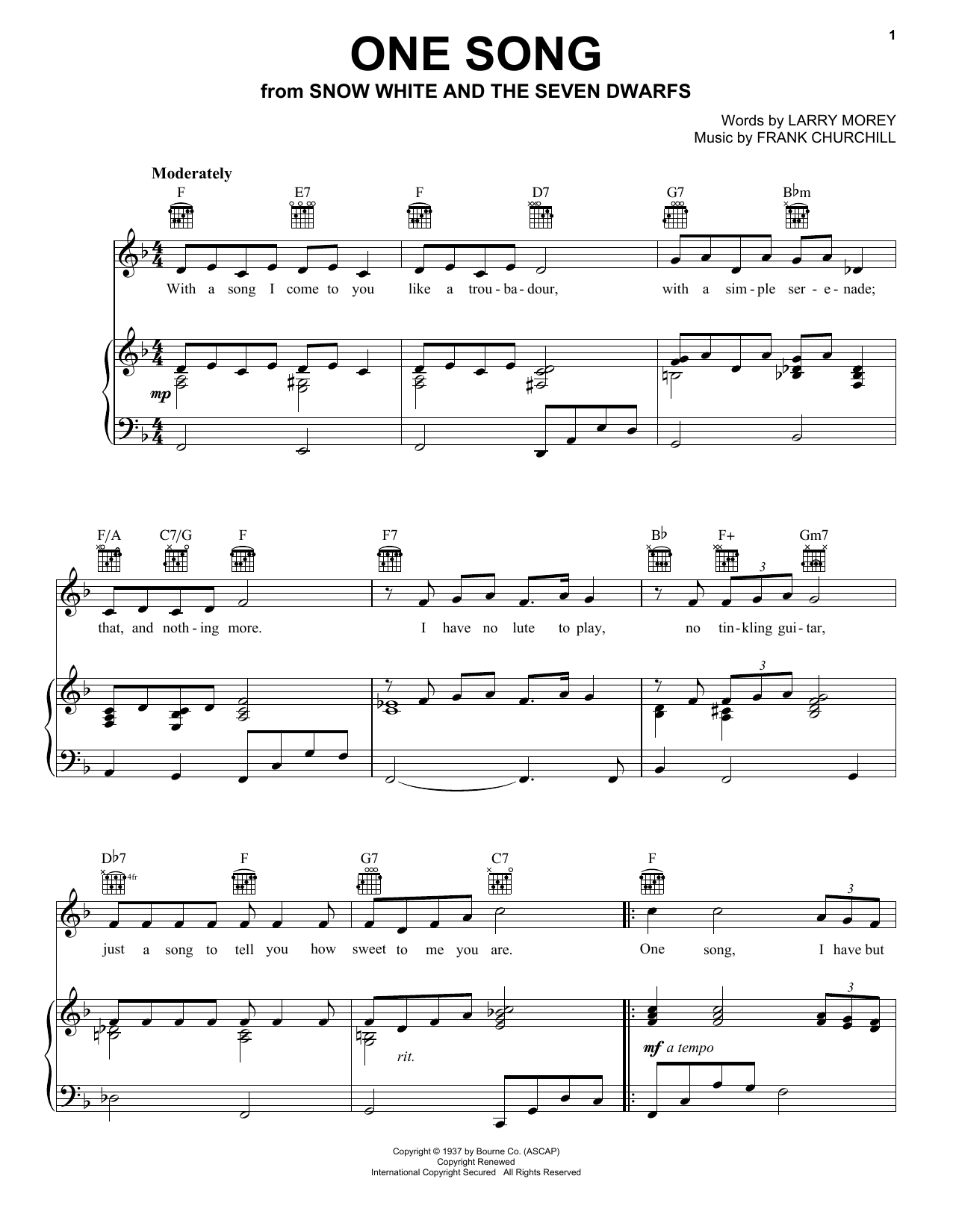 Larry Morey One Song sheet music notes and chords. Download Printable PDF.