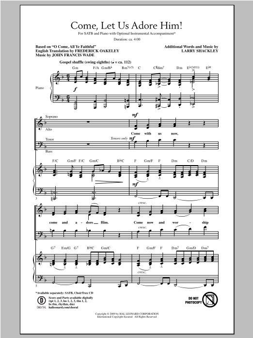 Learn to play Traditional Come, Let Us Adore Him! (arr. Larry Shackley) sheet music for SATB Choir in minutes. Price: 3.9900$ Traditional Come, Let Us Adore Him! (arr. Larry Shackley) sheet music notes and chords arranged for SATB Choir