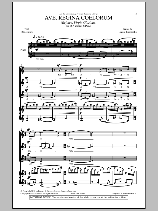 Learn to play Larysa Kuzmenko Ave, Regina Coelorum (Rejoice, Virgin Glorious) sheet music for SSA Choir in minutes. Price: 3.9900$ Larysa Kuzmenko Ave, Regina Coelorum (Rejoice, Virgin Glorious) sheet music notes and chords arranged for SSA Choir