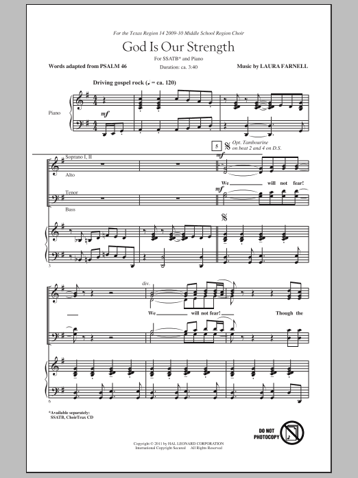 Learn to play Laura Farnell God Is Our Strength sheet music for SATB Choir in minutes. Price: 3.9900$ Laura Farnell God Is Our Strength sheet music notes and chords arranged for SATB Choir