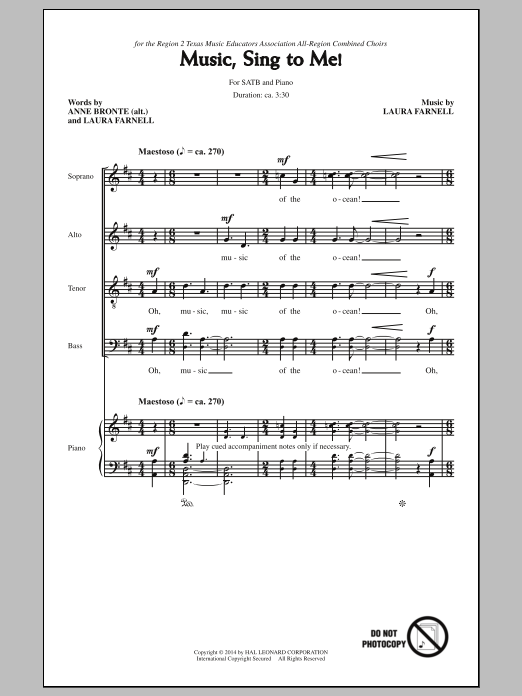 Learn to play Laura Farnell Music, Sing To Me sheet music for SATB Choir in minutes. Price: 3.9900$ Laura Farnell Music, Sing To Me sheet music notes and chords arranged for SATB Choir