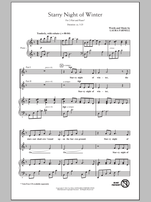 Learn to play Laura Farnell Starry Night Of Winter sheet music for 2-Part Choir in minutes. Price: 3.9900$ Laura Farnell Starry Night Of Winter sheet music notes and chords arranged for 2-Part Choir