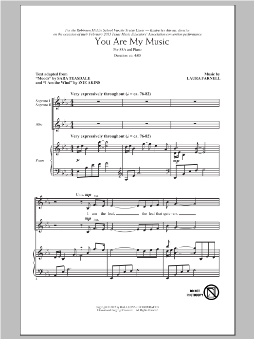 Learn to play Laura Farnell You Are My Music sheet music for SSA Choir in minutes. Price: 3.9900$ Laura Farnell You Are My Music sheet music notes and chords arranged for SSA Choir