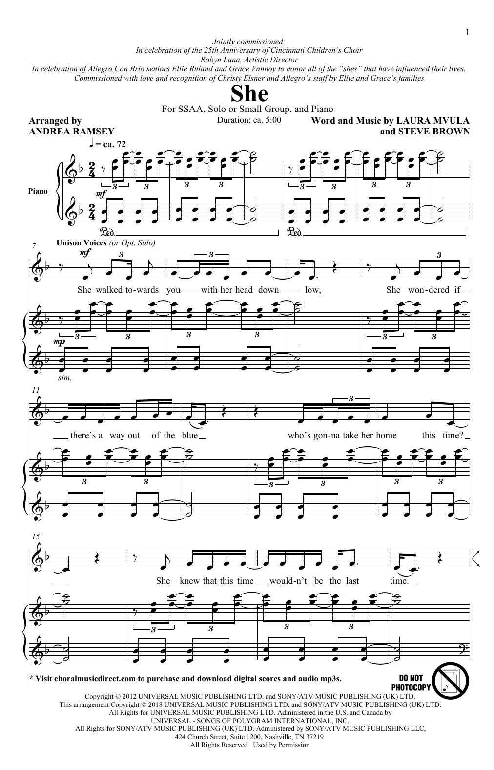 Learn to play Laura Mvula She (arr. Andrea Ramsey) sheet music for SSA Choir in minutes. Price: 3.9900$ Laura Mvula She (arr. Andrea Ramsey) sheet music notes and chords arranged for SSA Choir
