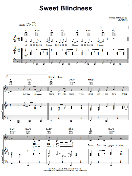 Learn to play Laura Nyro Sweet Blindness sheet music for Piano, Vocal & Guitar (Right-Hand Melody) in minutes. Price: 6.9900$ Laura Nyro Sweet Blindness sheet music notes and chords. Download Printable PDF.