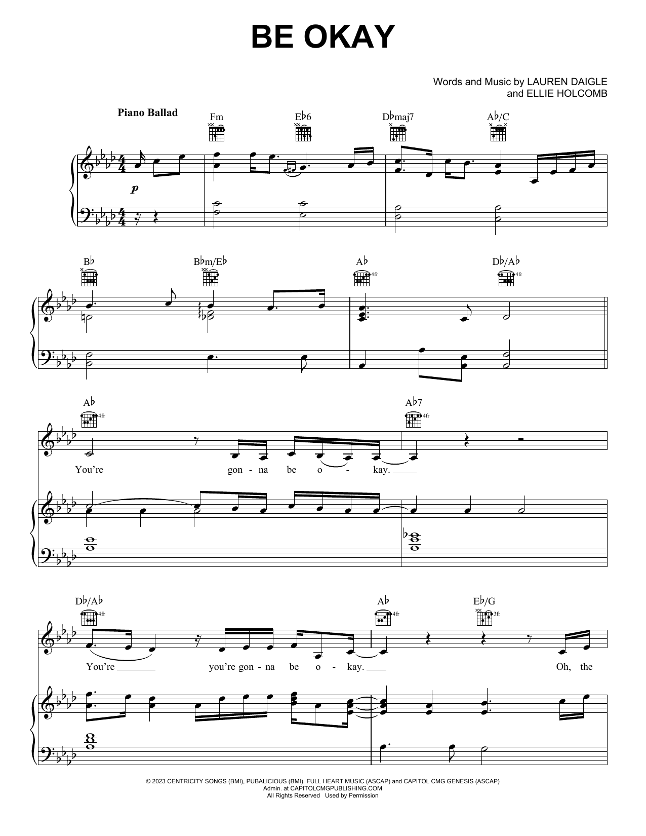 Lauren Daigle Be Okay sheet music notes and chords. Download Printable PDF.