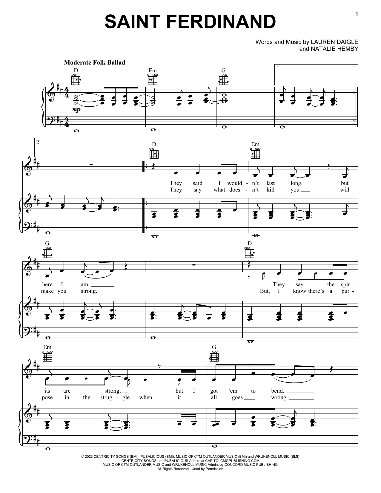 Lauren Daigle Saint Ferdinand sheet music notes and chords. Download Printable PDF.