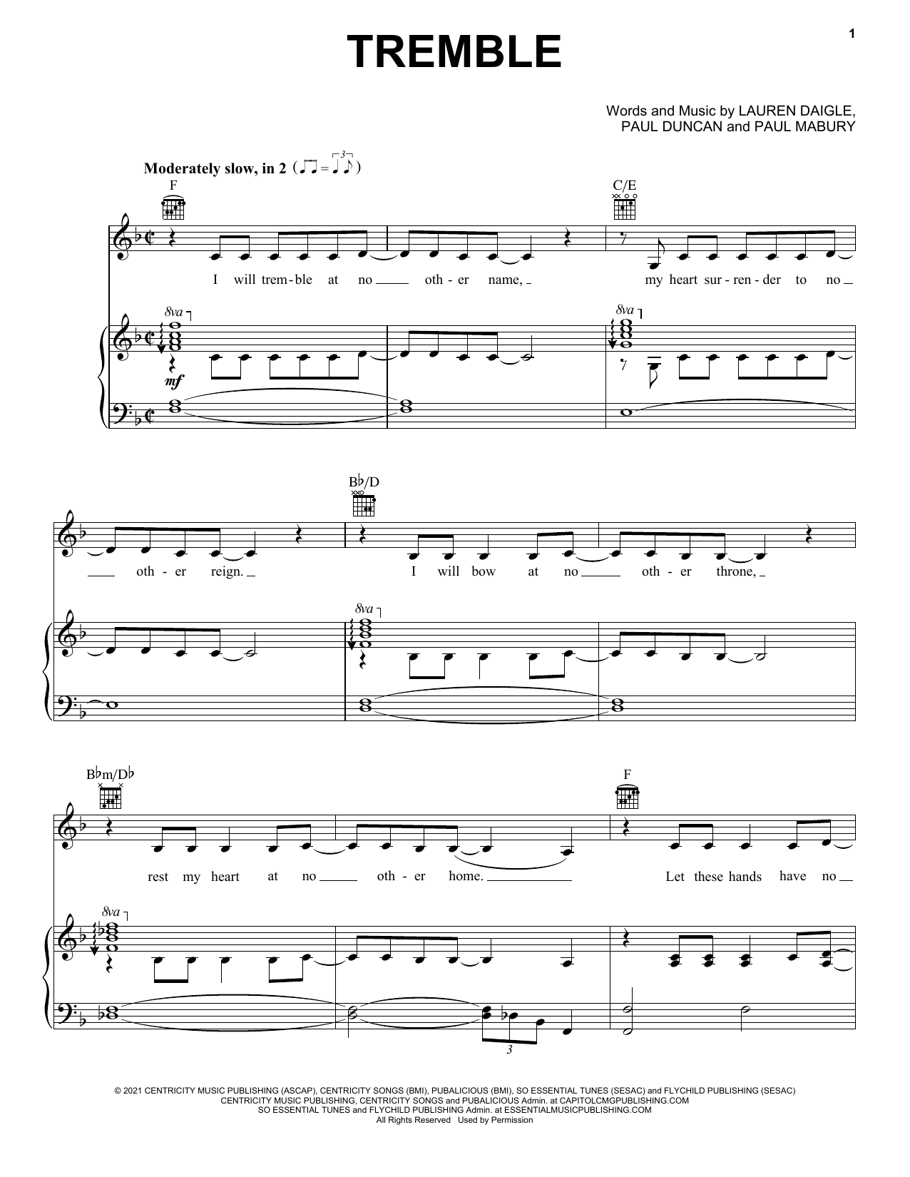 Lauren Daigle Tremble sheet music notes and chords. Download Printable PDF.