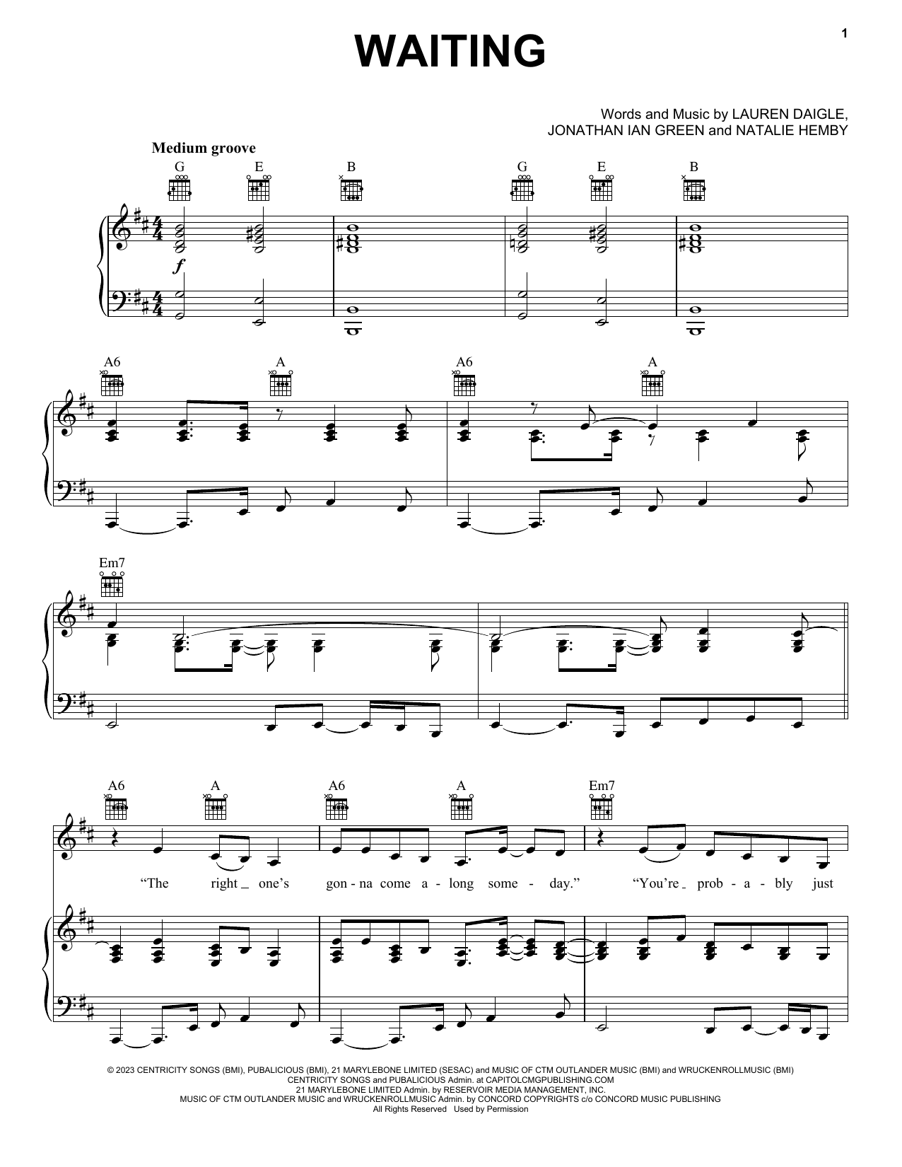 Lauren Daigle Waiting sheet music notes and chords. Download Printable PDF.