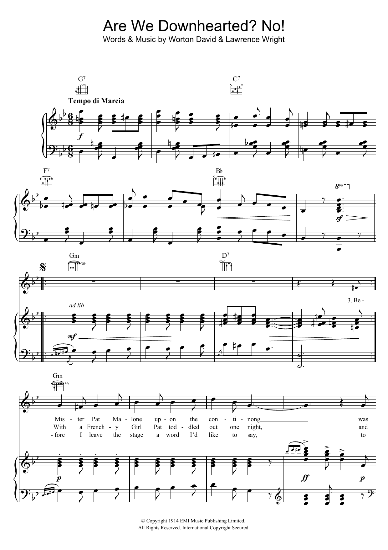 Learn to play Lawrence Wright Are We Downhearted? No! sheet music for Piano, Vocal & Guitar (Right-Hand Melody) in minutes. Lawrence Wright Are We Downhearted? No! sheet music notes and chords. Download Printable PDF.