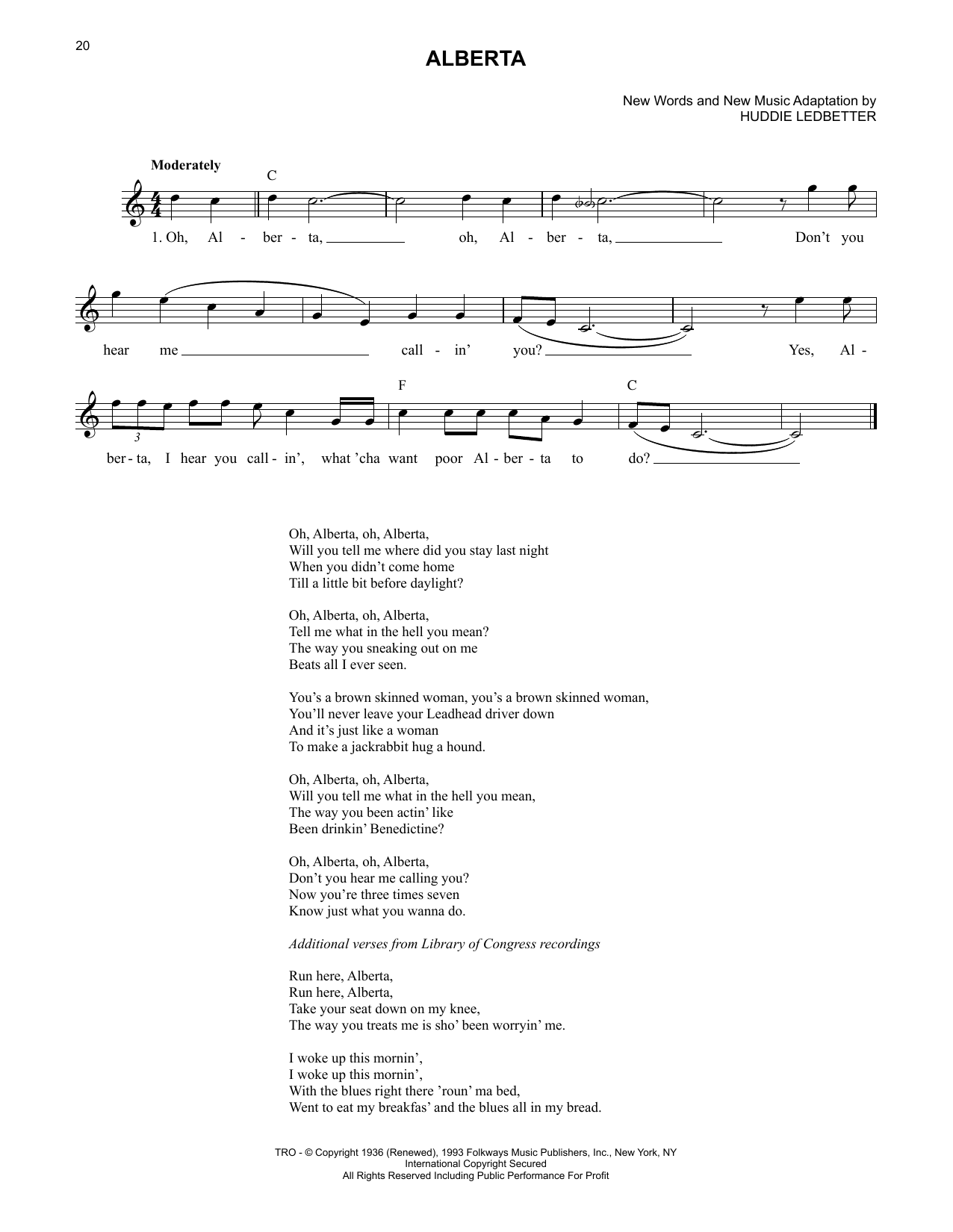 Lead Belly Alberta sheet music notes and chords. Download Printable PDF.