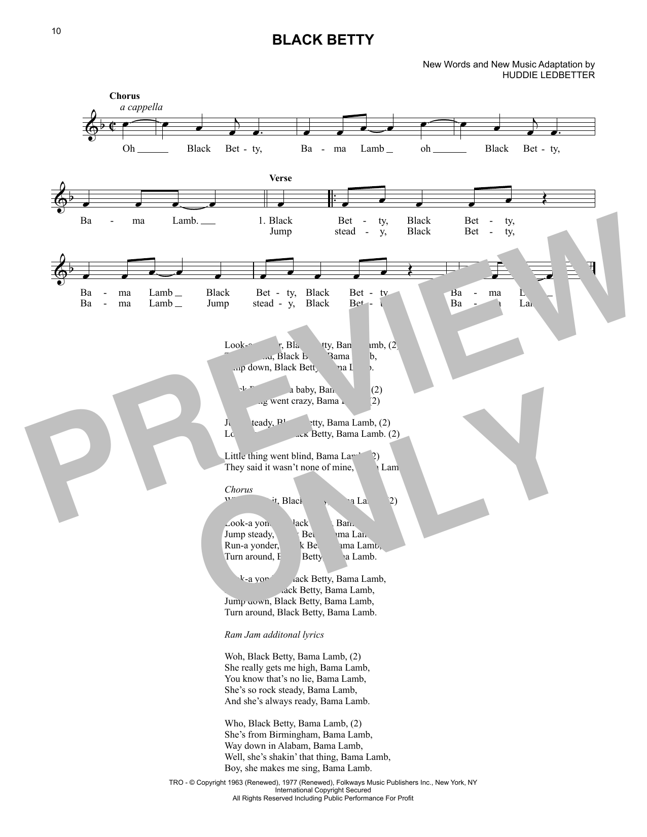 Lead Belly Black Betty sheet music notes and chords. Download Printable PDF.