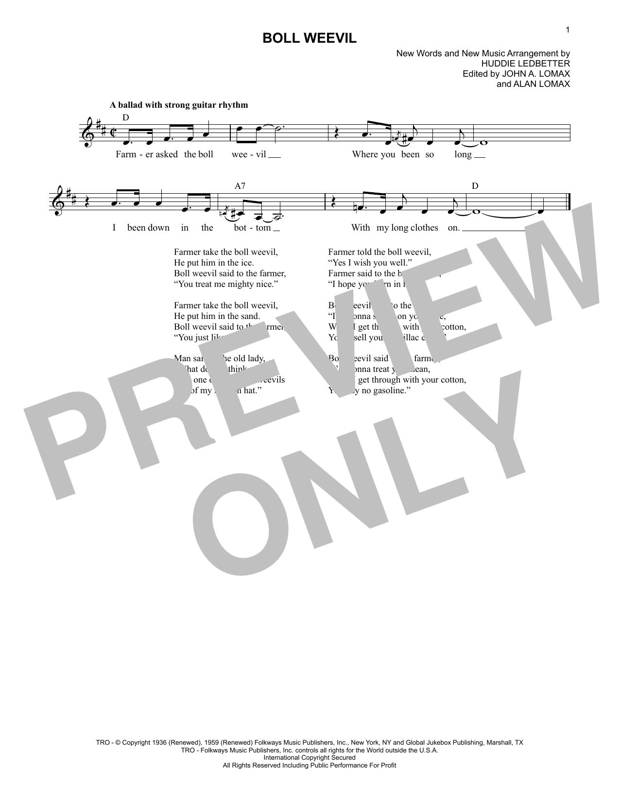 Lead Belly Boll Weevil sheet music notes and chords. Download Printable PDF.