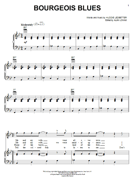 Lead Belly Bourgeois Blues sheet music notes and chords. Download Printable PDF.