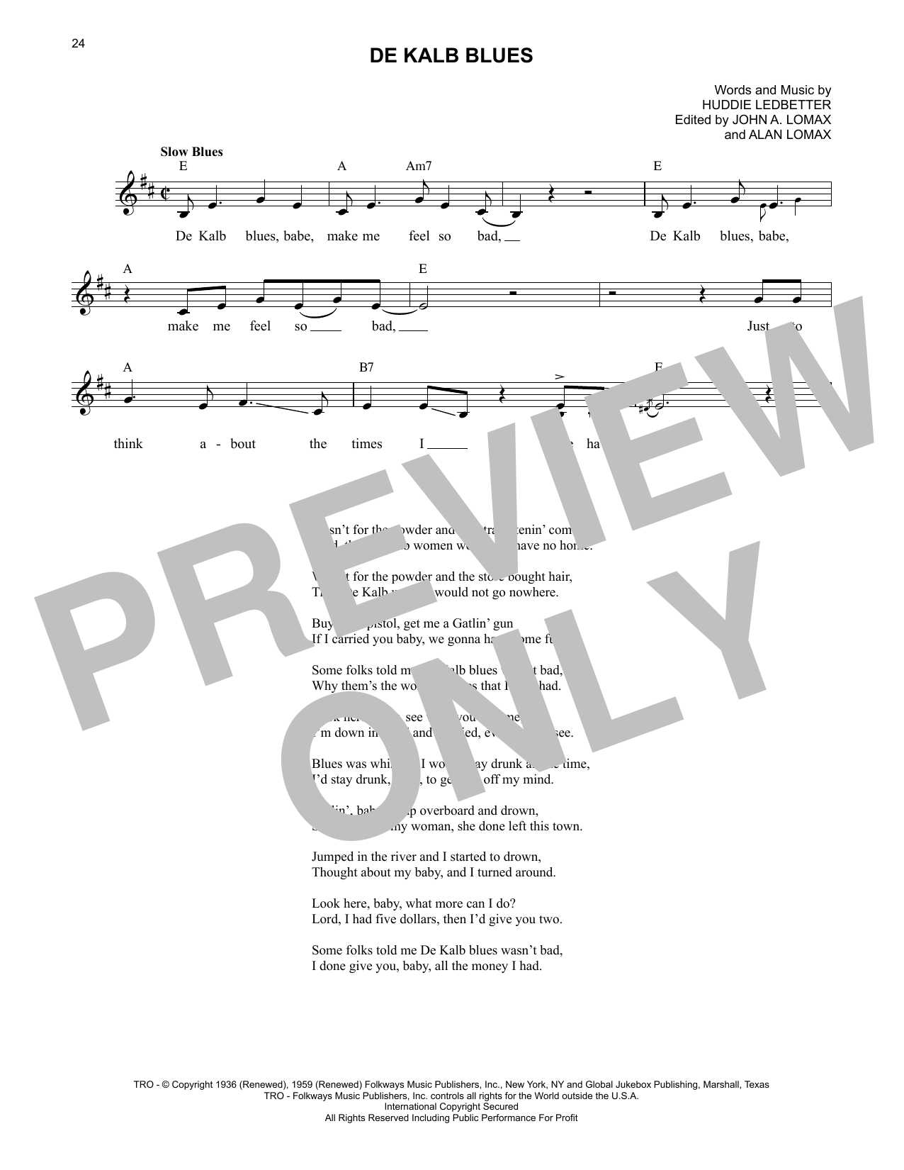 Lead Belly De Kalb Blues sheet music notes and chords. Download Printable PDF.