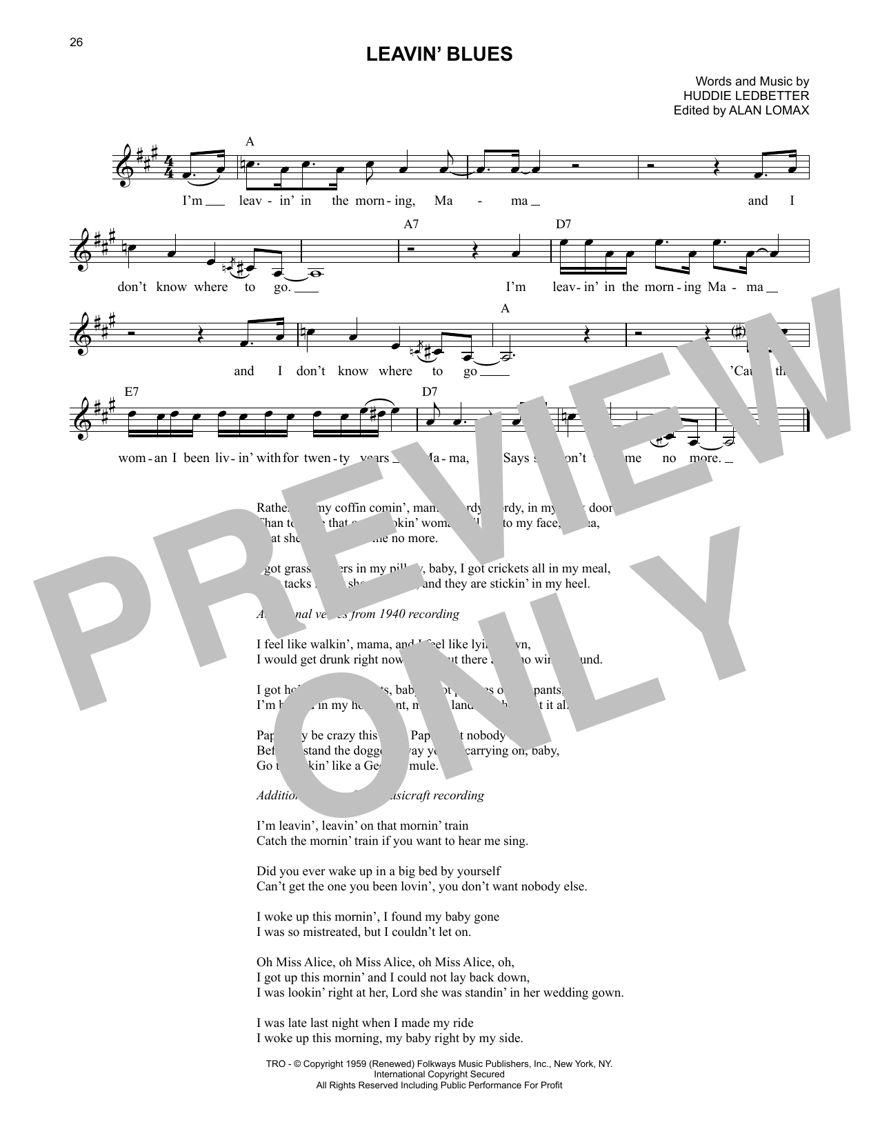 Lead Belly Leavin' Blues sheet music notes and chords. Download Printable PDF.