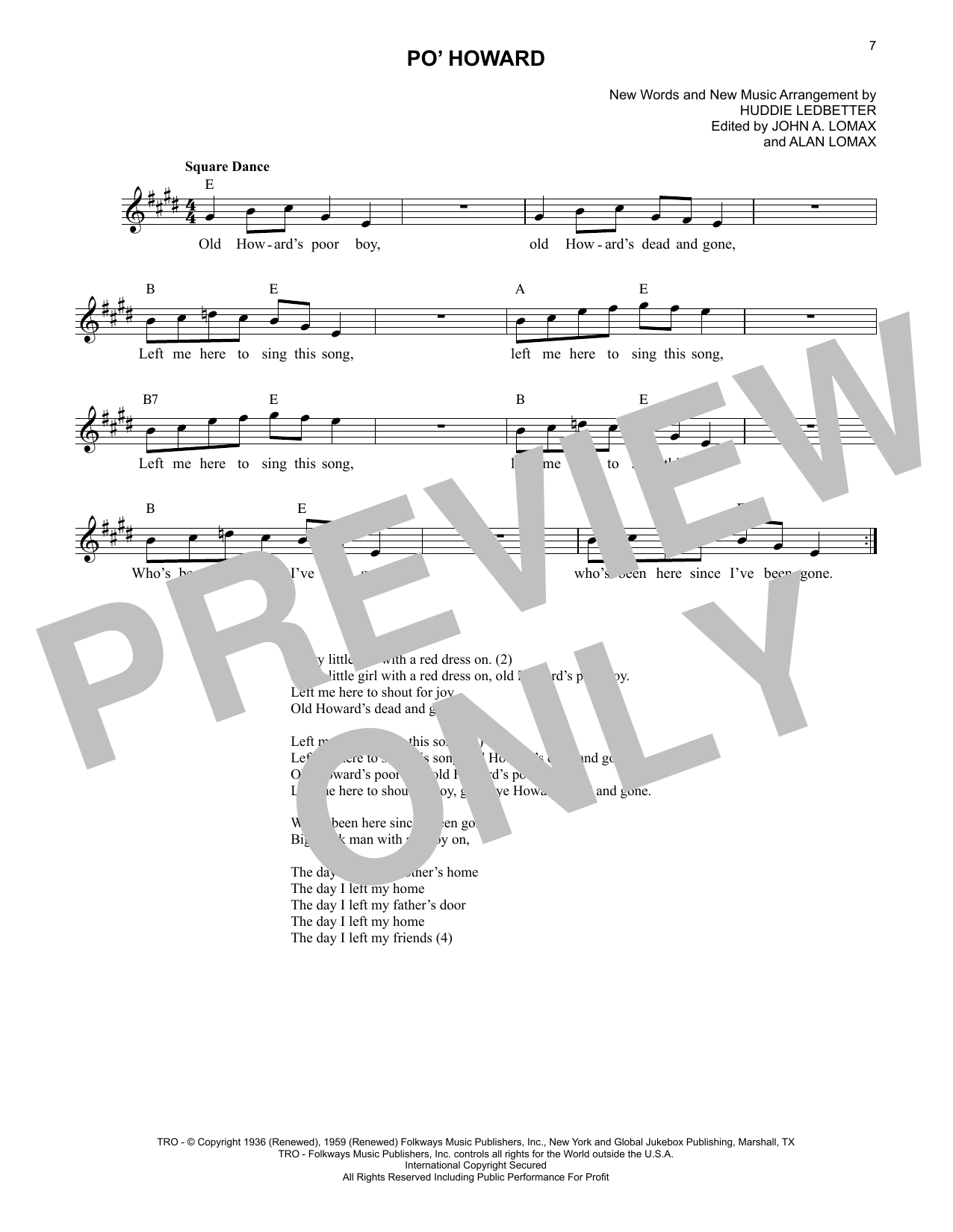 Lead Belly Po' Howard sheet music notes and chords. Download Printable PDF.