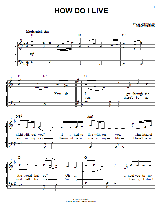 Learn to play LeAnn Rimes How Do I Live sheet music for Easy Piano in minutes. Price: 6.9900$ LeAnn Rimes How Do I Live sheet music notes and chords arranged for Easy Piano