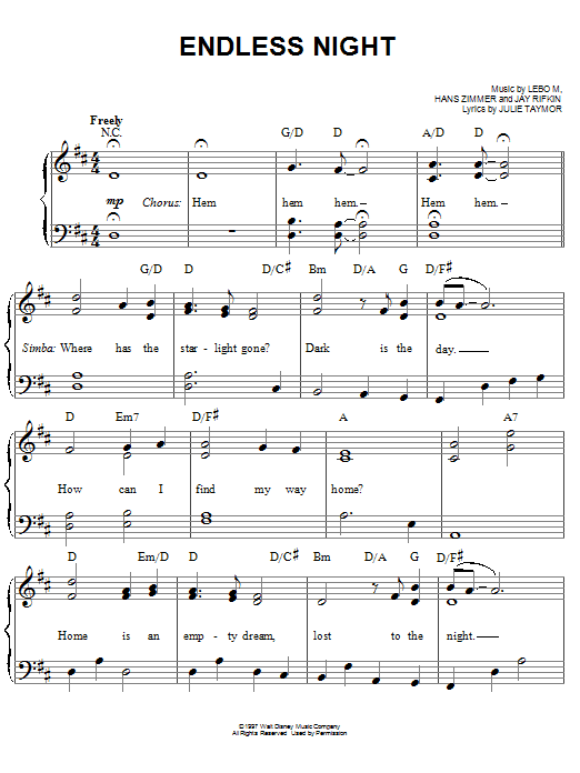 Lebo M., Hans Zimmer, Jay Rifkin and Julie Taymor Endless Night (from The Lion King: Broadway Musical) sheet music notes and chords. Download Printable PDF.