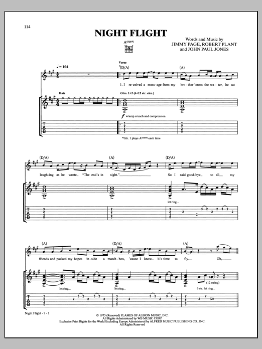 Led Zeppelin Night Flight sheet music notes and chords. Download Printable PDF.