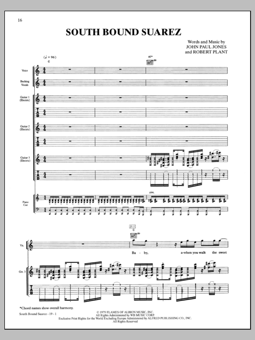 Led Zeppelin South Bound Saurez sheet music notes and chords. Download Printable PDF.