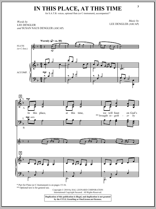Learn to play Lee Dengler In This Place, At This Time sheet music for SATB Choir in minutes. Price: 3.9900$ Lee Dengler In This Place, At This Time sheet music notes and chords arranged for SATB Choir