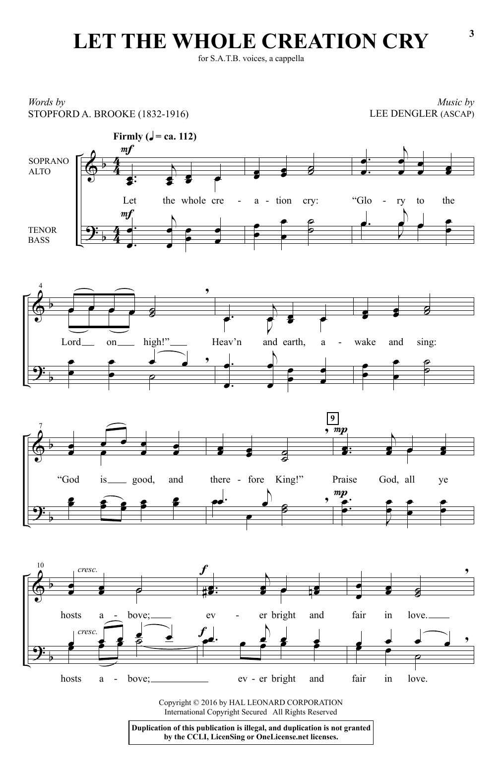Learn to play Lee Dengler Let The Whole Creation Cry sheet music for SATB Choir in minutes. Price: 3.9900$ Lee Dengler Let The Whole Creation Cry sheet music notes and chords arranged for SATB Choir