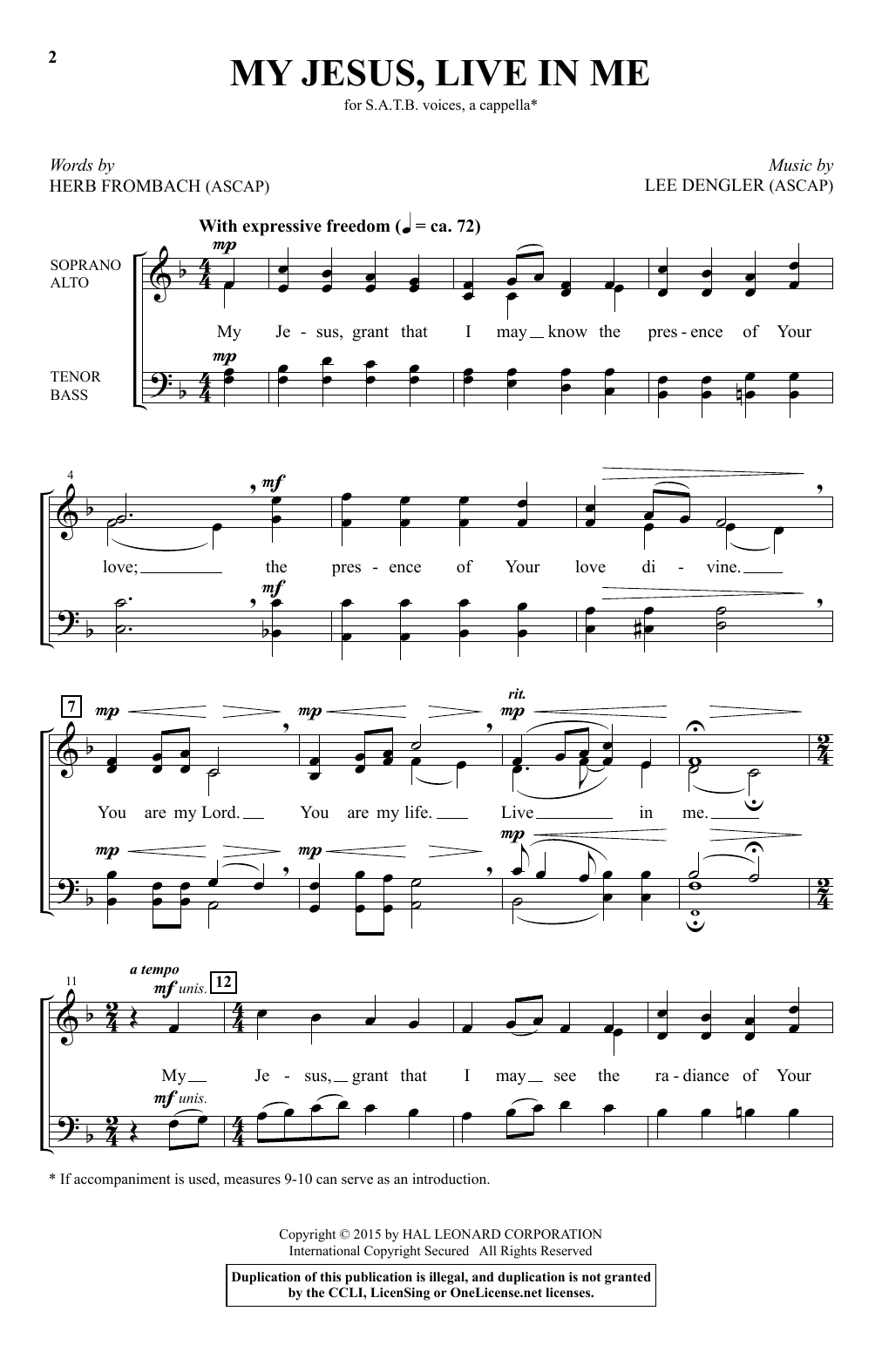 Learn to play Lee Dengler My Jesus, Live In Me sheet music for SATB Choir in minutes. Price: 3.9900$ Lee Dengler My Jesus, Live In Me sheet music notes and chords arranged for SATB Choir