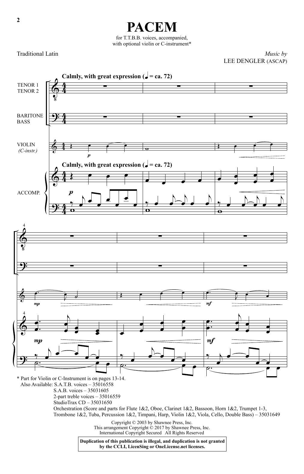 Lee Dengler Pacem sheet music notes and chords. Download Printable PDF.