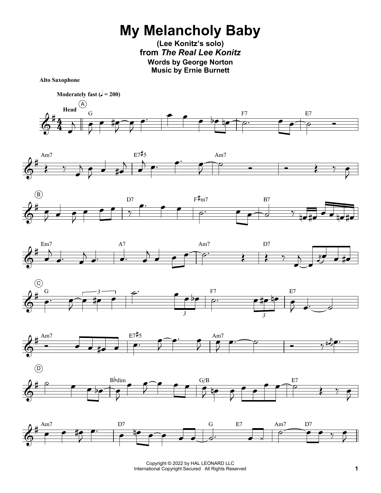 Lee Konitz My Melancholy Baby sheet music notes and chords. Download Printable PDF.