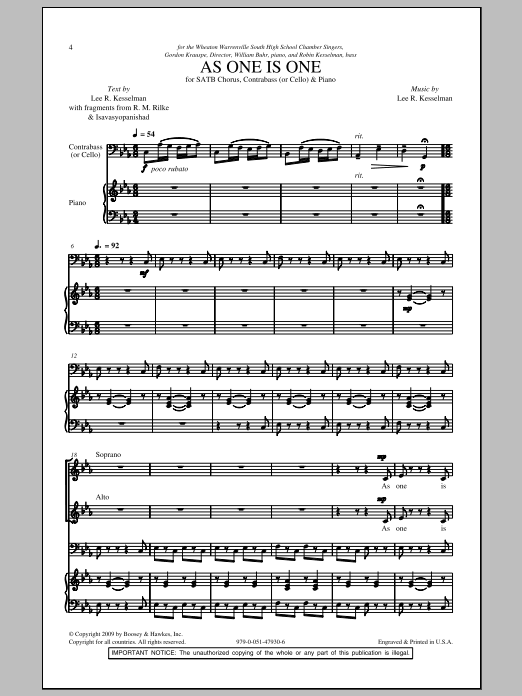 Learn to play Lee R. Kesselman As One Is One sheet music for SATB Choir in minutes. Price: 3.9900$ Lee R. Kesselman As One Is One sheet music notes and chords arranged for SATB Choir
