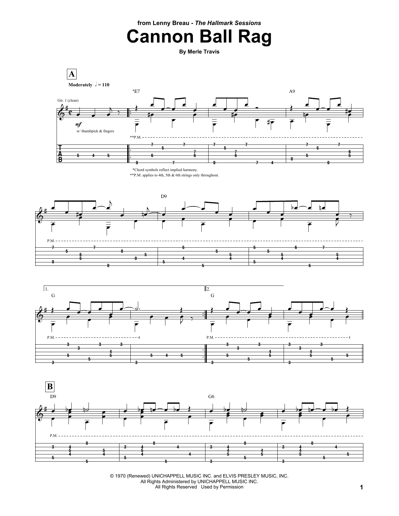 Lenny Breau Cannon Ball Rag sheet music notes and chords. Download Printable PDF.