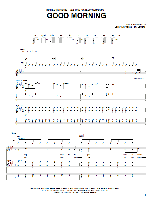 Learn to play Lenny Kravitz Good Morning sheet music for Guitar Tab in minutes. Lenny Kravitz Good Morning sheet music notes and chords. Download Printable PDF.