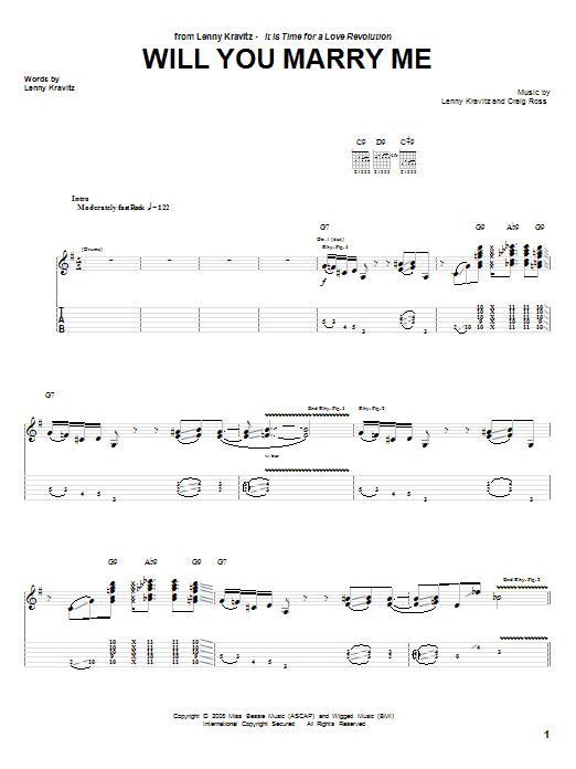 Lenny Kravitz Will You Marry Me Sheet Music Pdf Notes Chords Funk Score Guitar Tab Download Printable Sku 69660