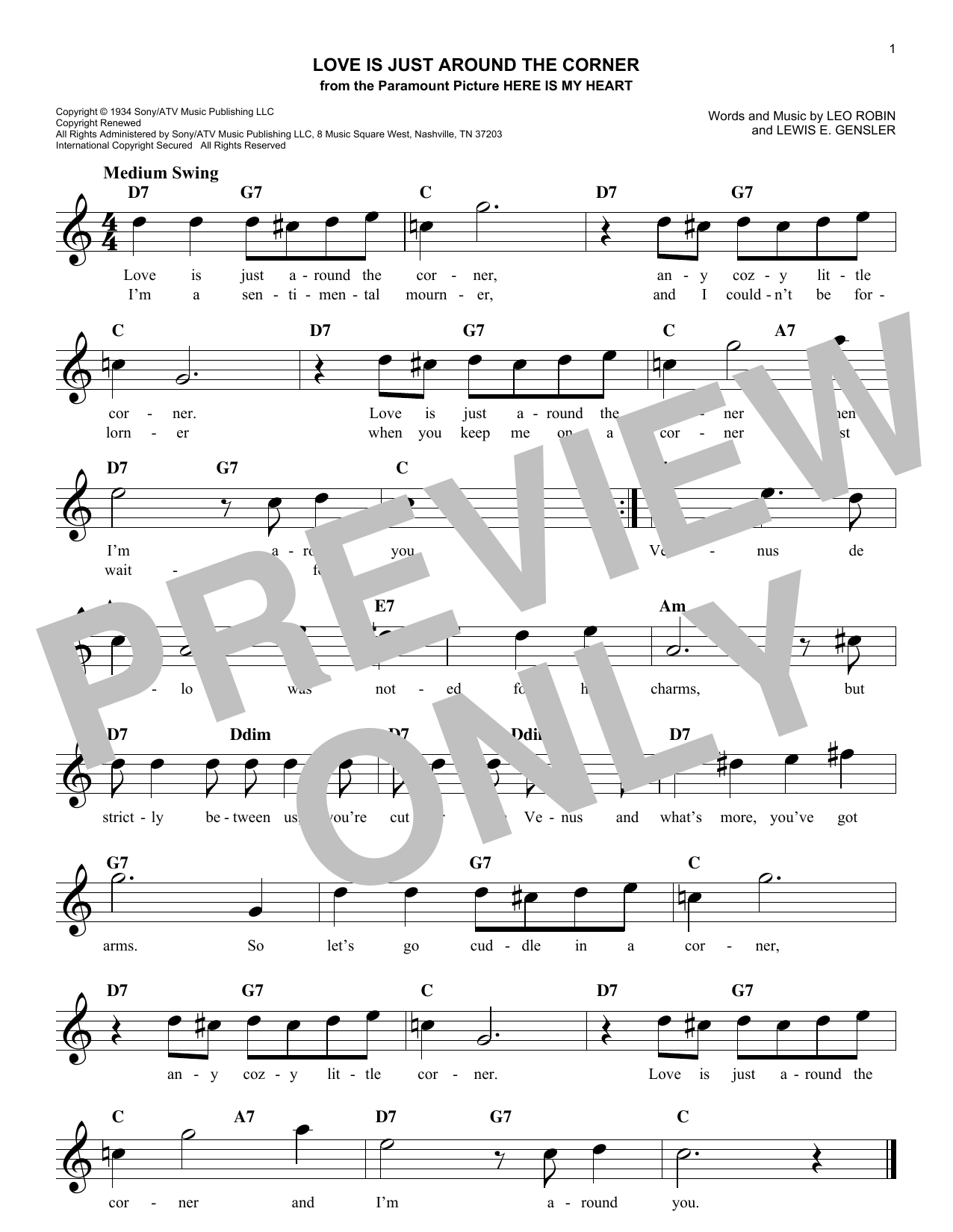 Leo Robin Love Is Just Around The Corner sheet music notes and chords arranged for Easy Lead Sheet / Fake Book