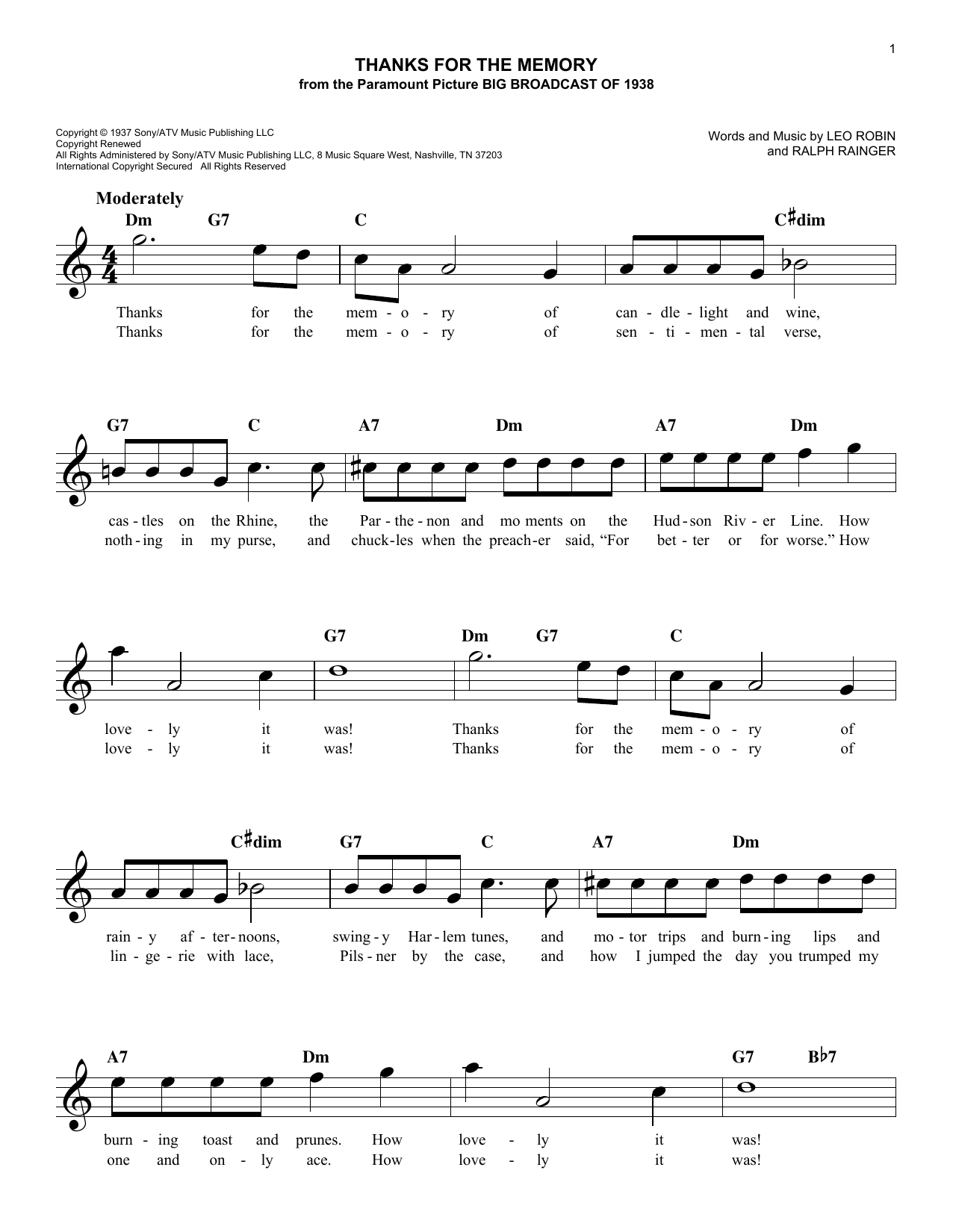 Learn to play Leo Robin Thanks For The Memory sheet music for Easy Lead Sheet / Fake Book in minutes. Price: 5.9900$ Leo Robin Thanks For The Memory sheet music notes and chords arranged for Easy Lead Sheet / Fake Book
