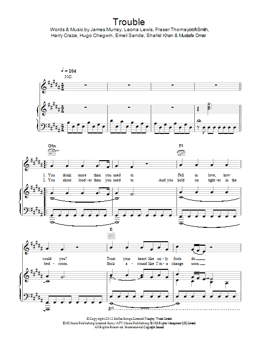 Leona Lewis "Trouble" Sheet Music PDF Notes, Chords | R & B Score.