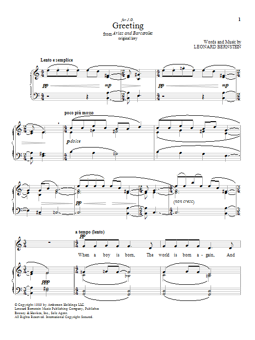 Leonard Bernstein Greeting sheet music notes and chords. Download Printable PDF.