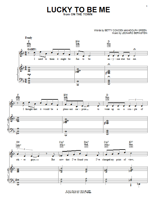 Learn to play Leonard Bernstein Lucky To Be Me (from On The Town) sheet music for Lead Sheet / Fake Book in minutes. Price: 5.9900$ Leonard Bernstein Lucky To Be Me (from On The Town) sheet music notes and chords arranged for Lead Sheet / Fake Book