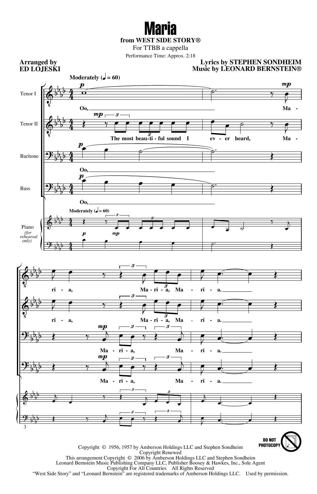 Learn to play Leonard Bernstein Maria (from West Side Story) (arr. Ed Lojeski) sheet music for TTBB Choir in minutes. Price: 3.9900$ Leonard Bernstein Maria (from West Side Story) (arr. Ed Lojeski) sheet music notes and chords arranged for TTBB Choir