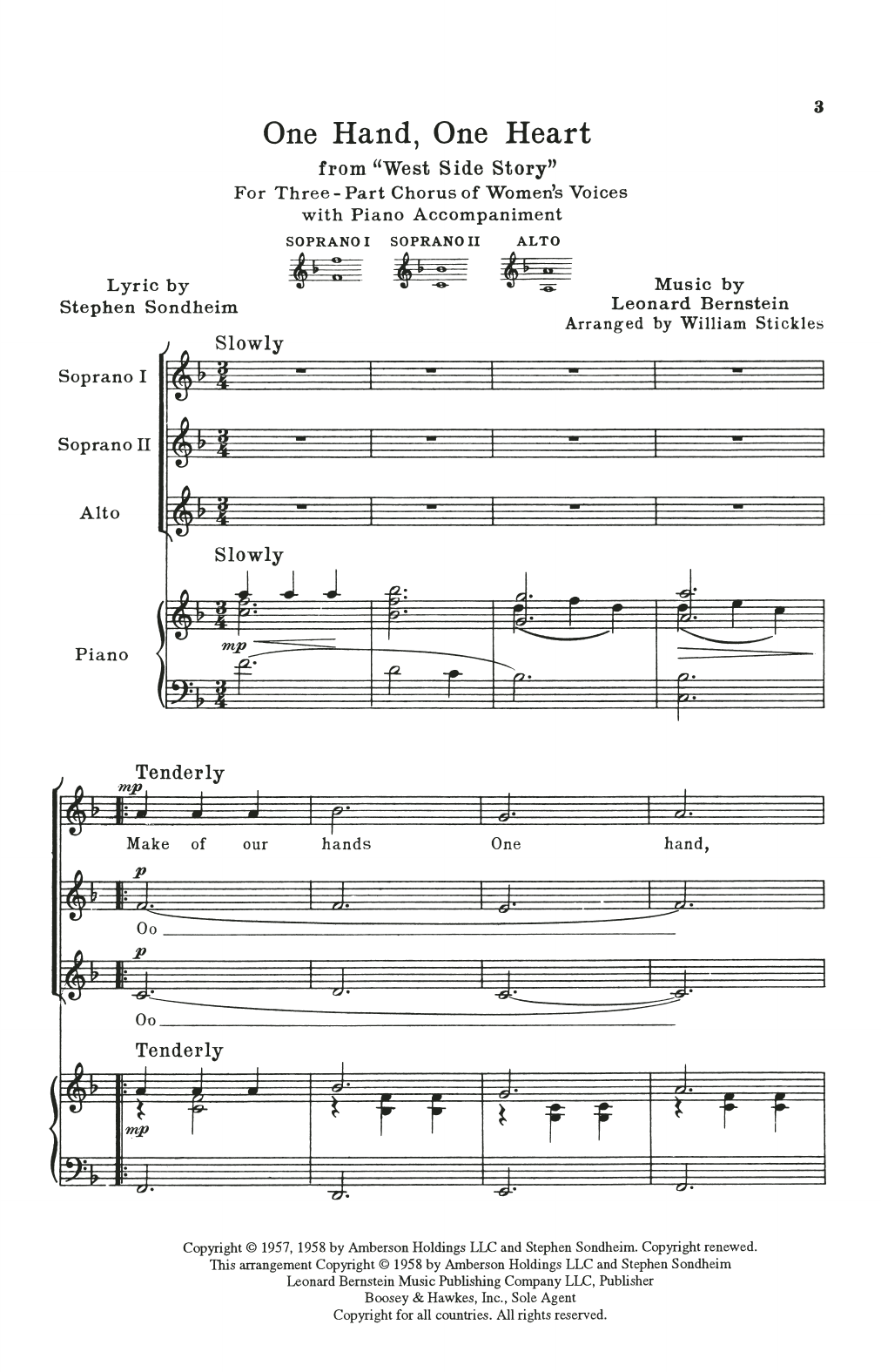 Learn to play Leonard Bernstein One Hand, One Heart (from West Side Story) (arr. William Stickles) sheet music for SSA Choir in minutes. Price: 3.9900$ Leonard Bernstein One Hand, One Heart (from West Side Story) (arr. William Stickles) sheet music notes and chords arranged for SSA Choir