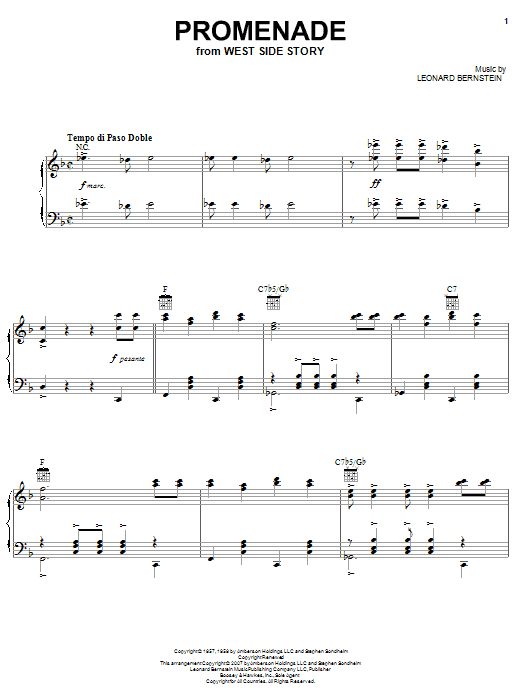 Learn to play Leonard Bernstein Promenade From The Dance At The Gym (from West Side Story) sheet music for Piano Solo in minutes. Leonard Bernstein Promenade From The Dance At The Gym (from West Side Story) sheet music notes and chords. Download Printable PDF.