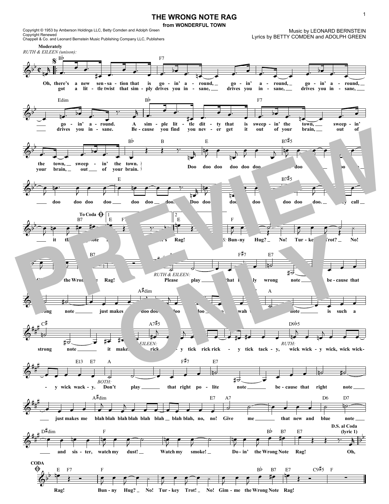Learn to play Leonard Bernstein The Wrong Note Rag (from Wonderful Town) sheet music for Lead Sheet / Fake Book in minutes. Price: 5.9900$ Leonard Bernstein The Wrong Note Rag (from Wonderful Town) sheet music notes and chords arranged for Lead Sheet / Fake Book