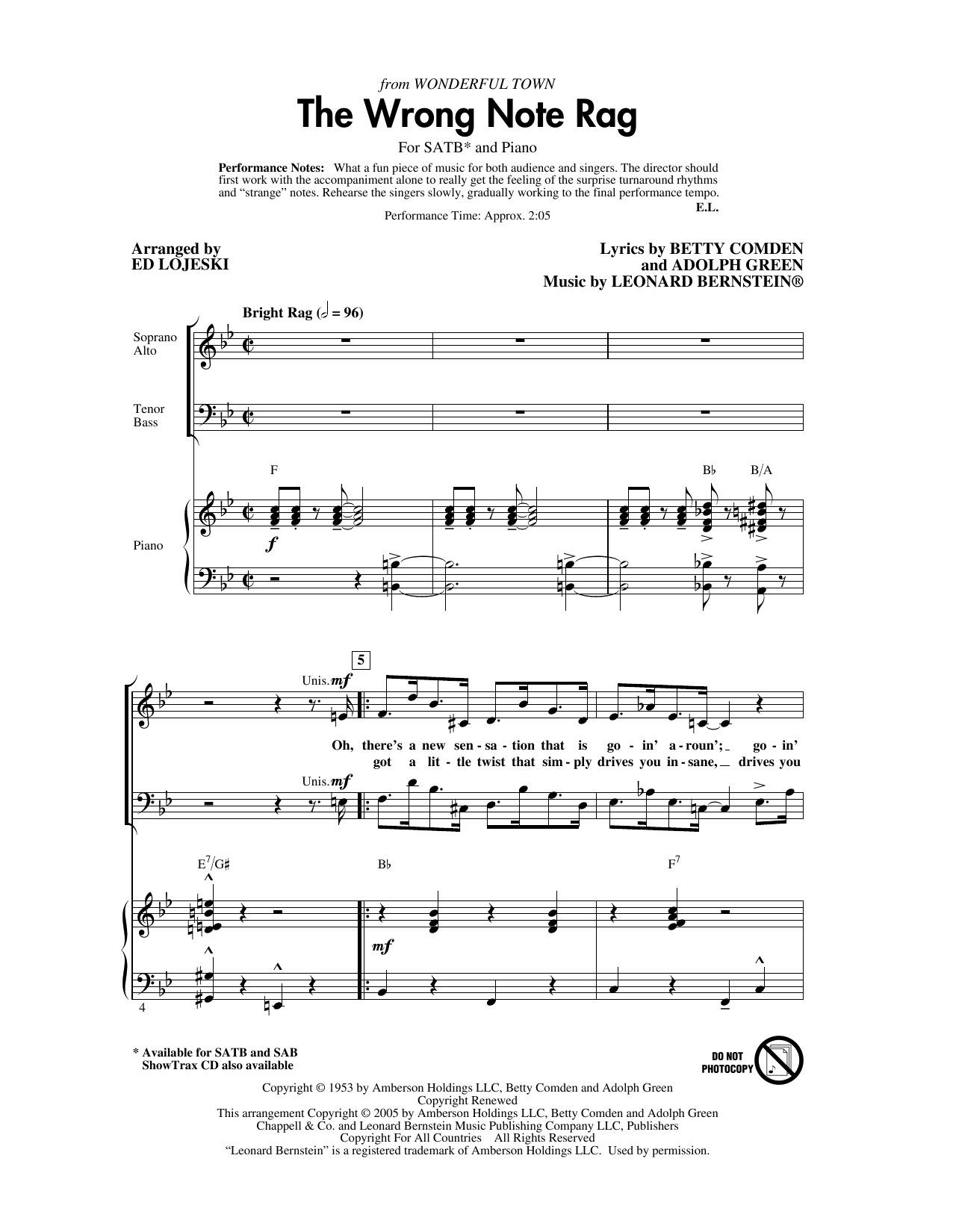 Learn to play Leonard Bernstein The Wrong Note Rag (from Wonderful Town) (arr. Ed Lojeski) sheet music for SAB Choir in minutes. Price: 3.9900$ Leonard Bernstein The Wrong Note Rag (from Wonderful Town) (arr. Ed Lojeski) sheet music notes and chords arranged for SAB Choir