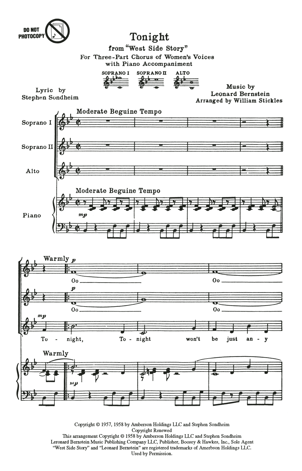 Learn to play Leonard Bernstein Tonight (from West Side Story) (arr. William Stickles) sheet music for SSA Choir in minutes. Price: 3.9900$ Leonard Bernstein Tonight (from West Side Story) (arr. William Stickles) sheet music notes and chords arranged for SSA Choir