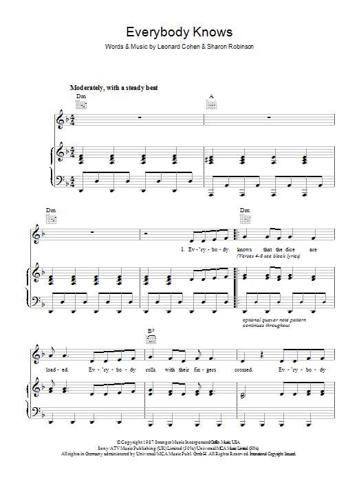Leonard Cohen Everybody Knows sheet music notes and chords. Download Printable PDF.