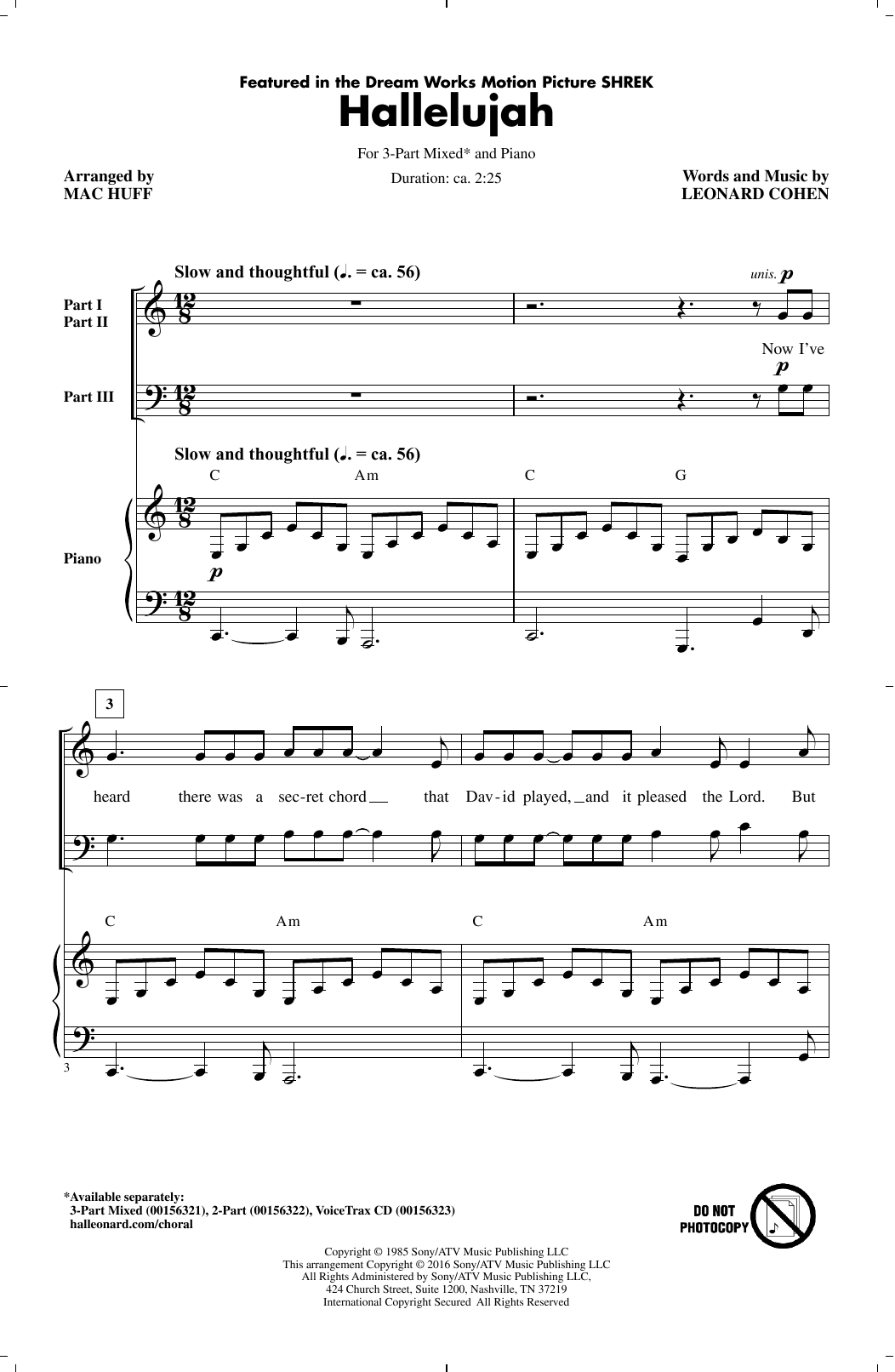 Leonard Cohen Hallelujah Arr Mac Huff Sheet Music Pdf Notes Chords Christian Score 2 Part Choir Download Printable Sku 164387 - hallelujah shrek song roblox id
