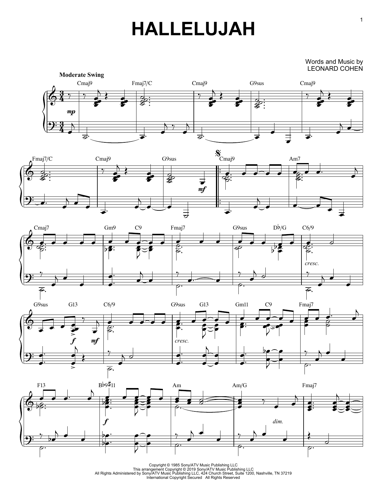 Leonard Cohen Hallelujah Jazz Version Sheet Music Chords Printable Piano Solo PDF Notes