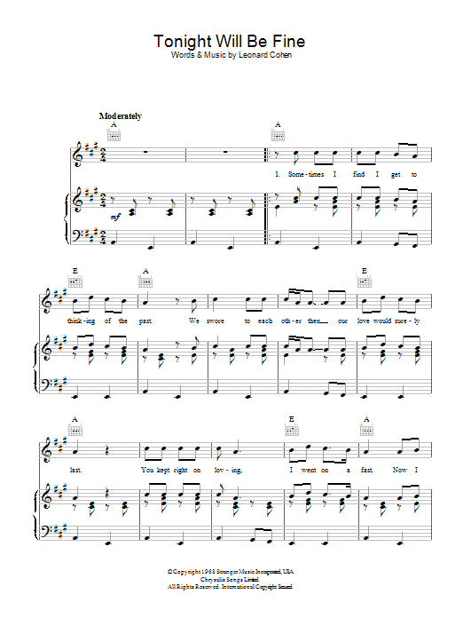 Learn to play Leonard Cohen Tonight Will Be Fine sheet music for Guitar Chords/Lyrics in minutes. Leonard Cohen Tonight Will Be Fine sheet music notes and chords. Download Printable PDF.