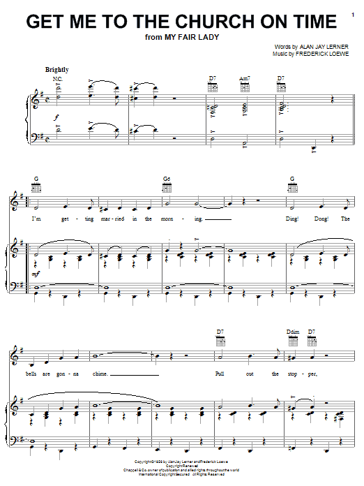 Learn to play Lerner & Loewe Get Me To The Church On Time sheet music for Piano, Vocal & Guitar (Right-Hand Melody) in minutes. Lerner & Loewe Get Me To The Church On Time sheet music notes and chords. Download Printable PDF.